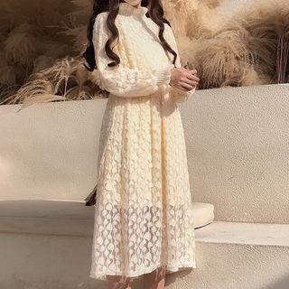 Turtleneck Long-sleeve Lace Dress Almond - One Size