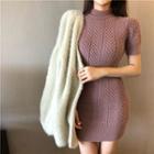 Short-sleeve Knit Mini Bodycon Dress / Furry Buttoned Jacket