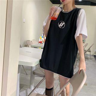 Short-sleeve Tunic T-shirt / Contrast Trim Lettering Tank Top