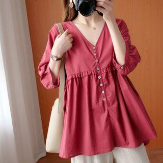 Plain V-neck Lantern-sleeve Shirt