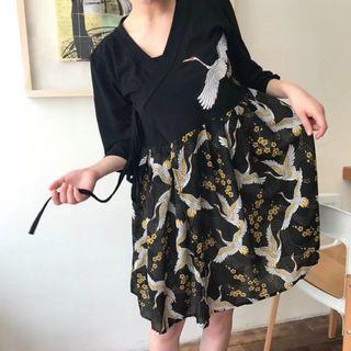 3/4-sleeve Printed Panel A-line Dress