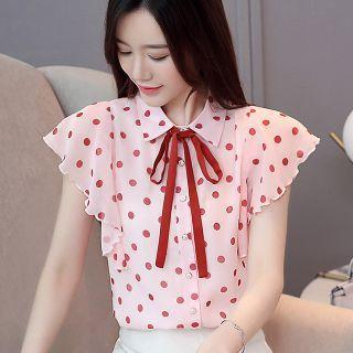 Dotted Ruffled Short-sleeve Chiffon Shirt