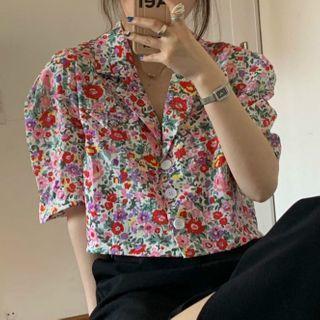 Floral Print Elbow-sleeve Shirt / Straight-cut Pants