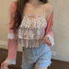 Bow Accent Floral Camisole Top / Lace Panel Cardigan