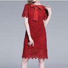 Short-sleeve Bow-tie Lace Shift Dress