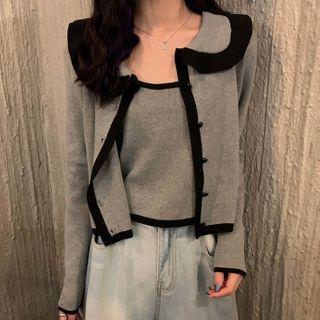 Set: Two Tone Cardigan + Spaghetti Strap Top Set - Cardigan - Gray - One Size / Top - Gray - One Size