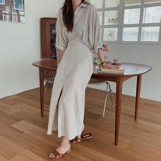 Long-sleeve Midi A-line Shirt Dress Oatmeal - One Size