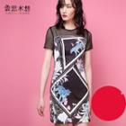 Mesh Panel Printed Short-sleeve Dress