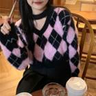 V-neck Argyle Sweater Black & Pink - One Size
