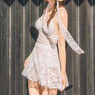 Set: Lace Open Back Swimsuit + Cover Up