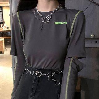 Contrast Trim Long-sleeve T-shirt / Denim Mini A-line Skirt / Heart Chain Necklace