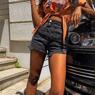 Seam-detail Fray-hem Denim Shorts