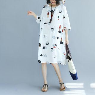 Printed 3/4-sleeve Shift Dress White - One Size