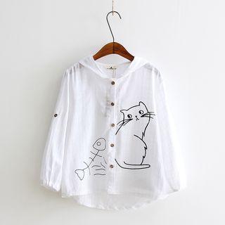 Cat Print Hooded Shirt White - One Size