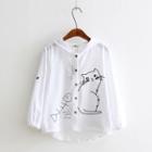 Cat Print Hooded Shirt White - One Size