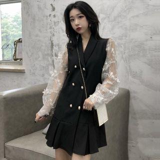 Mesh Sleeve Pleated Mini A-line Blazer Dress