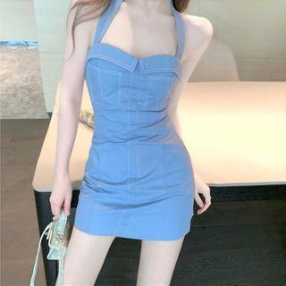 Halter-neck Contrast Stitching Mini Dress