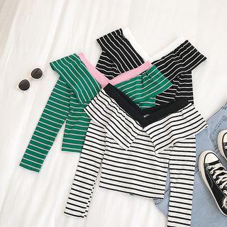Contrast Trim Ruffle V-neck Striped Top