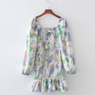Square-neck Flower Print Ruffle Dress