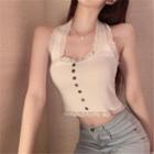 Lace Trim Halter Knit Cropped Top