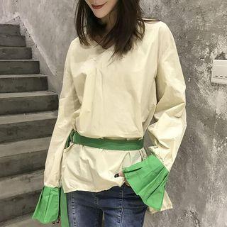 Contrast Cuff V-neck Long-sleeve Blouse
