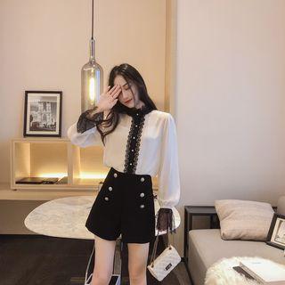 Stand Collar Lace Trim Shirt