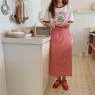 Short-sleeve Cherry Print T-shirt / Plaid Midi Skirt