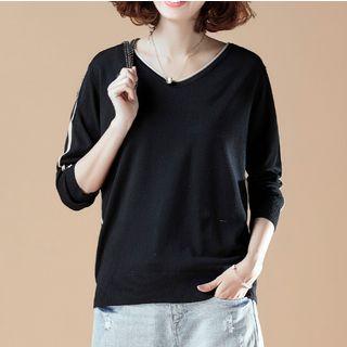 Contrast Trim V-neck Long-sleeve Knit Top