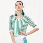 V-neck Striped Elbow-sleeve Knit Top