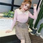 Color Block Long-sleeve Knit Top / Plaid Straight-fit Skirt / Set