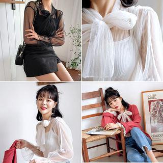 Set: Tie-neck See-through Blouse + Camisole Top