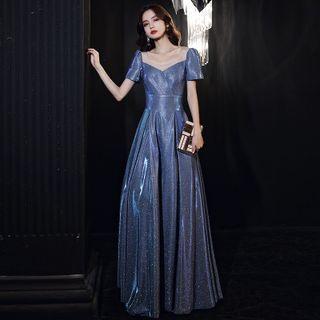 Short-sleeve Glittered Satin Evening Gown
