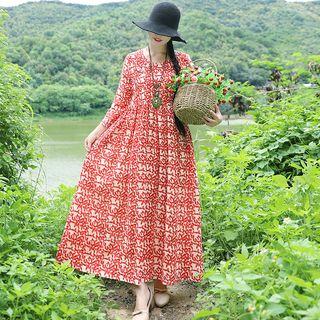 Flower Long-sleeve A-line Maxi Dress