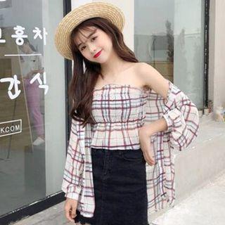 Set: Plaid Tube Top + Open-front Jacket