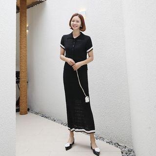 Pointelle-knit Polo Shirt & Long Skirt Set