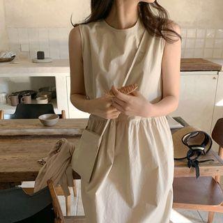 Sleeveless Plain Midi A-line Dress Almond - One Size