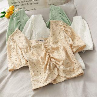 Eyelet Ruched V-neck Top