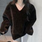Long-sleeve V-neck Fluffy Top