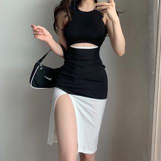Crew Neck Two Tone Cutout Slit-side Tank Dress
