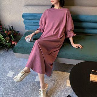 Plain 3/4-sleeve Midi Shift Dress
