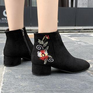 Chunky Heel Floral Embroidered Ankle Boots