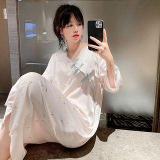 3/4-sleeve V-neck Frog-button Midi Sleep Dress