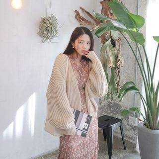 Balloon-sleeve Open Rib Knit Cardigan