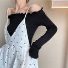 Plain Off-shoulder Long-sleeve Slim-fit Top / Dot Sleeveless Jumpsuit