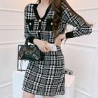 Long-sleeve Houndstooth Knit Mini A-line Dress As Shown In Figure - One Size