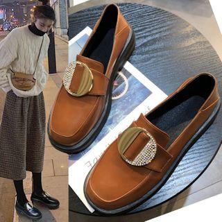 Rhinestone Buckled Faux Leather Loafers