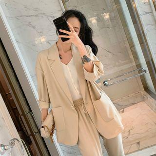 Plain Loose-fit Blazer / High-waist Cropped Pants