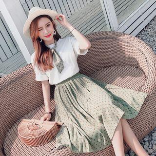 Set: Crew-neck Short-sleeve T-shirt + Dotted A-line Skirt