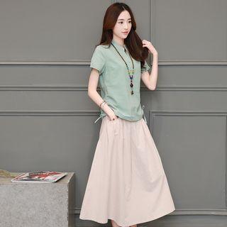 Set: Plain Short Sleeve Half Placket Top + Plain Midi Skirt