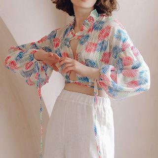 Lantern-sleeve V-neck Printed Shirt As Shown In Figure - One Size